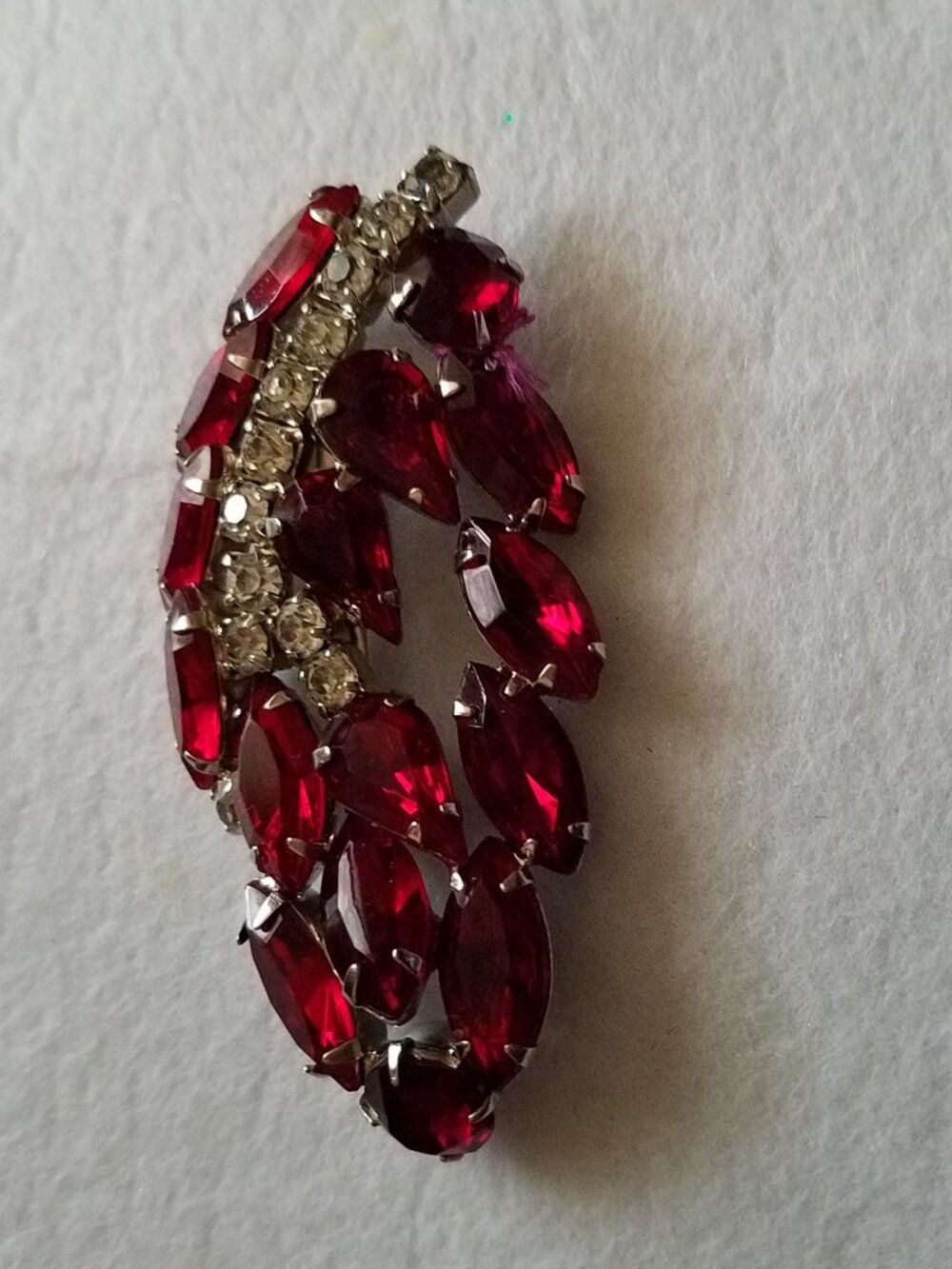 Vintage Red Marquise and Clear Rhinestone Leaf Brooch